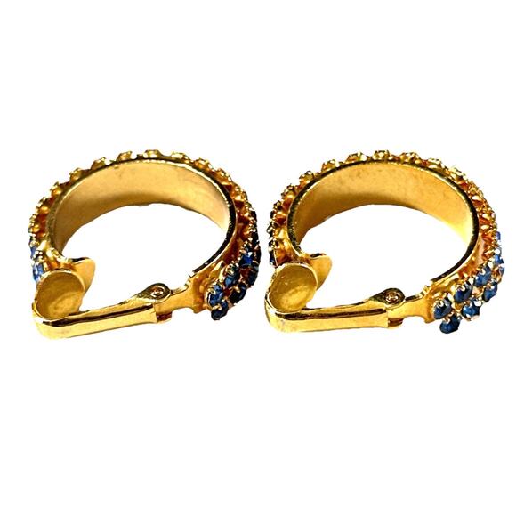 Vintage Gold Tone Hoop Earrings with Blue Rhinestones – Clip-On Mid-Century Glam - Picture 4 of 5